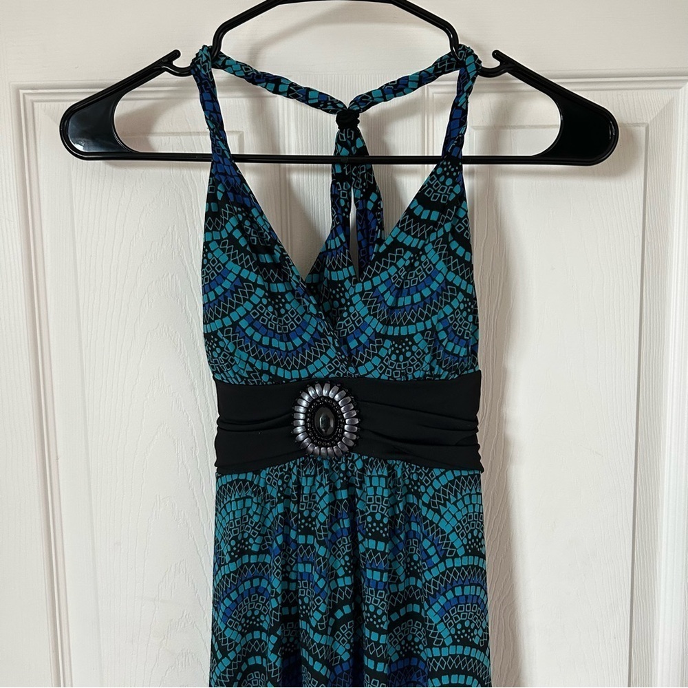 Y2K Candies Blue and Black Patterned Jeweled Mini Racerback Club Summer Dress